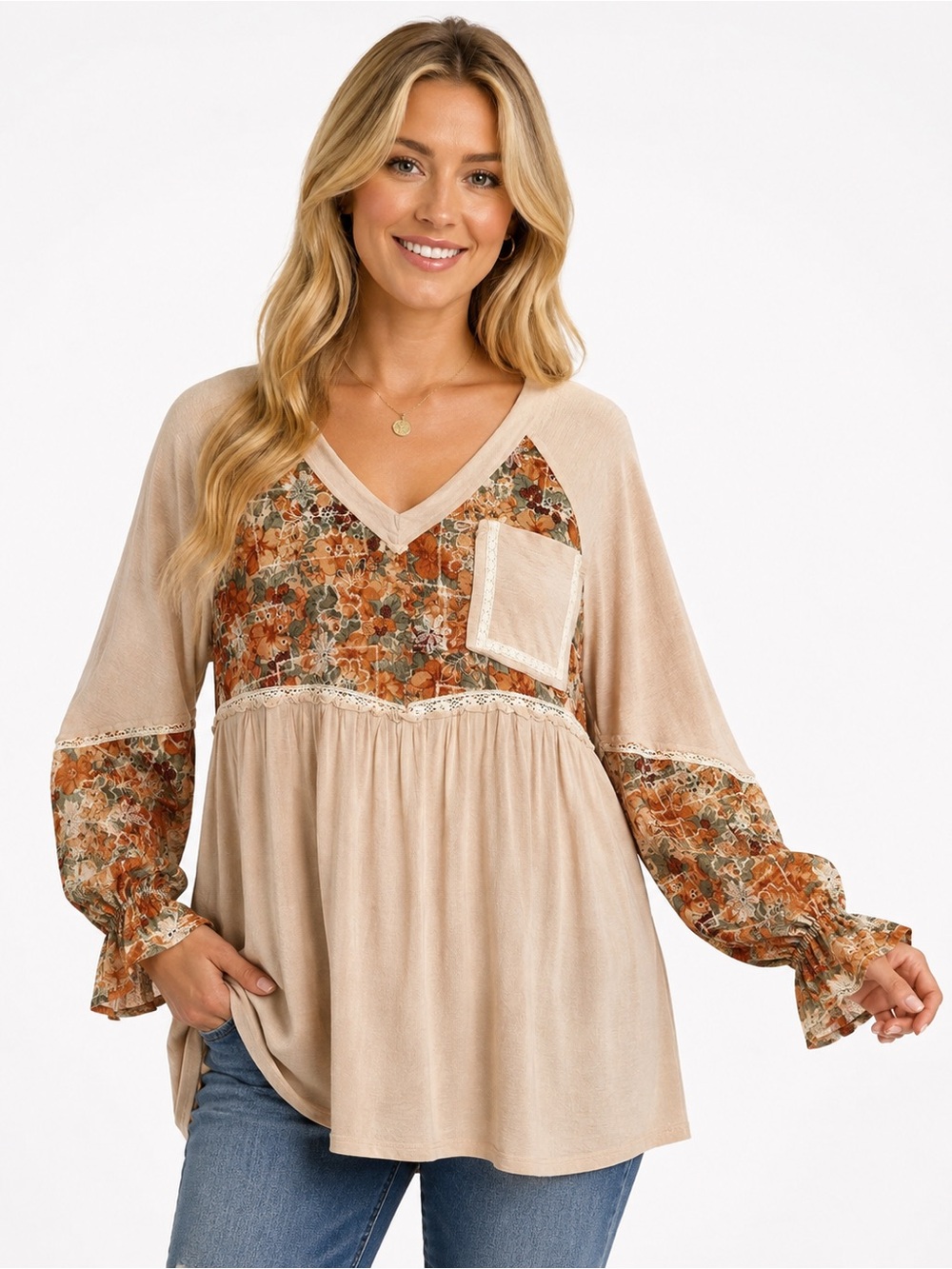 POL Size Small Oversized Boho Floral Patchwork V-Neck Tunic Top - Beige